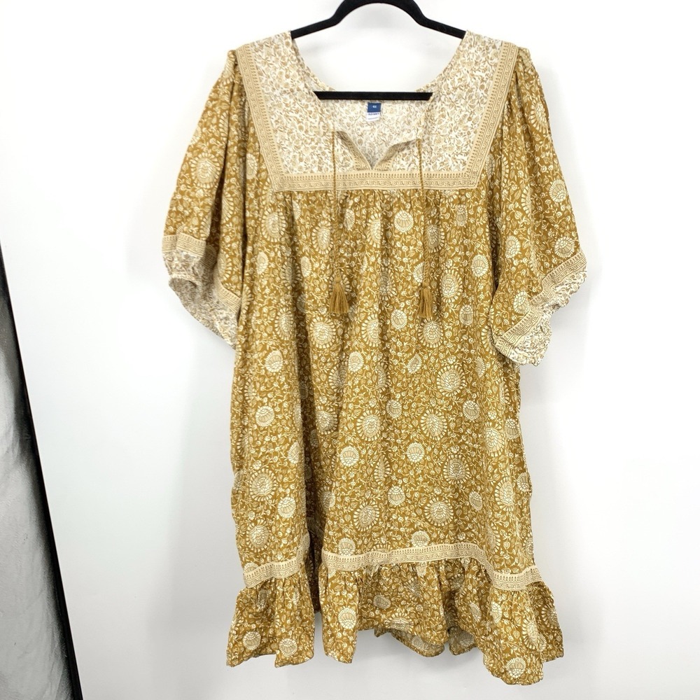 Old Navy Women Size 4X Dress Yellow Brown Floral‎ Short Sleeve Shift Boho